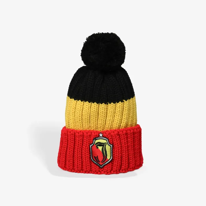 Czapka czerwono-żółta z czarnym pomponem